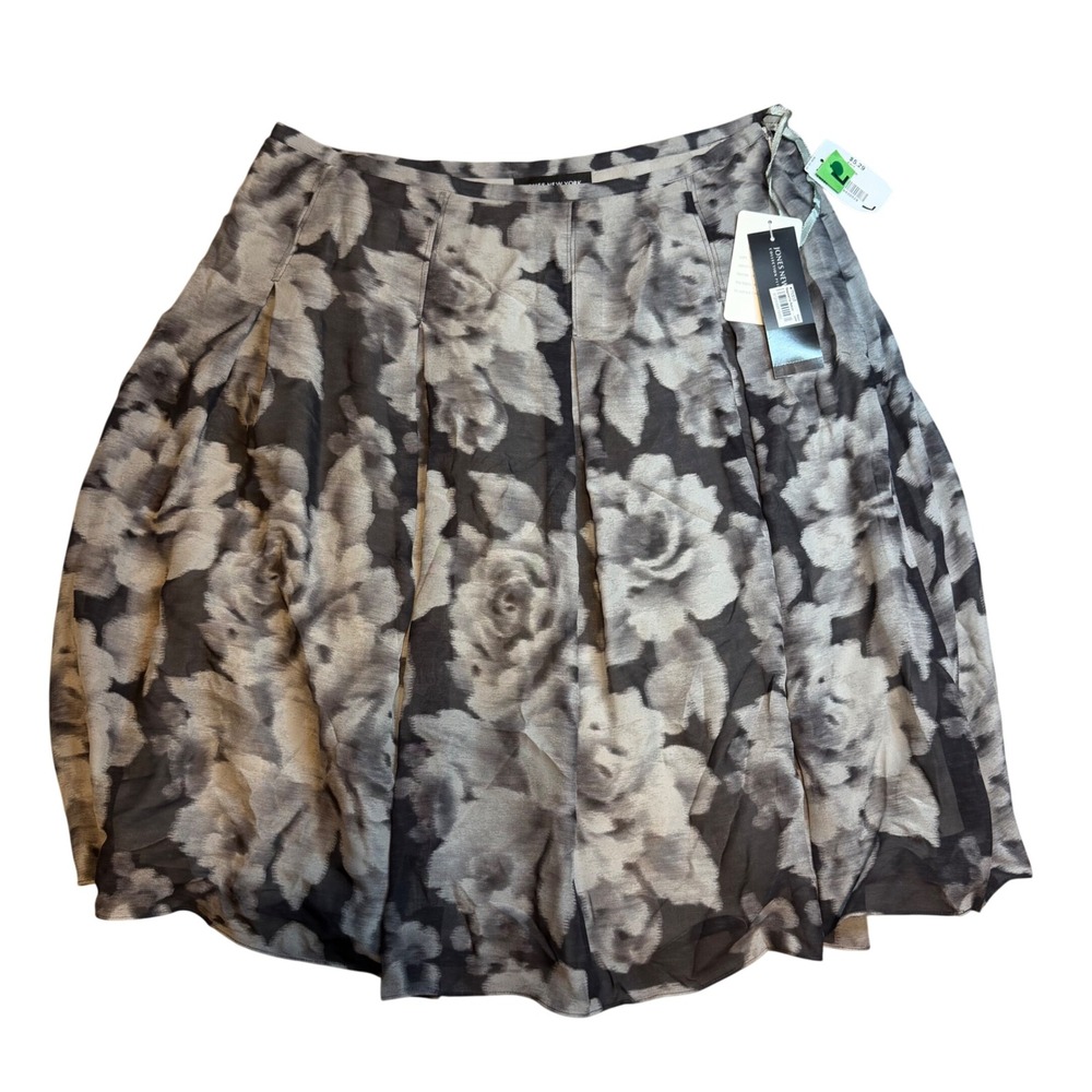 Jones New York Collection Petite Silk Floral Pleated‎ Skirt Grey Black 14P NEW